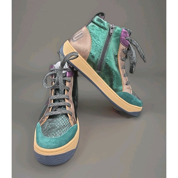 Vaddia Shoes - Vaddia Felix High Top Sneakers Green Metallic Snakeskin Suede EU 40 US 9